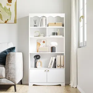 5-Tier White Bookcase – 63" Tall Modern Bookshelf with Open Storage Shelves & Doors – Floor Standing Display Unit for Office, Living Room
