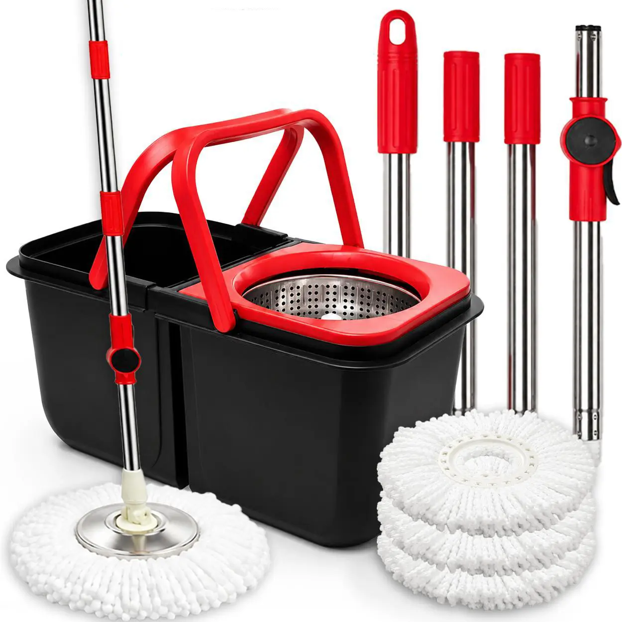 48' Spin Mop Bucket Set with Wringer - Collapsible Space-Saving Dual-Chamber System, Adjustable Stainless Steel Telescopic Handle, Built-in Drain Plug, Brush & 3 Reusable Microfiber Mop Heads for Hardwood, Tile Floors