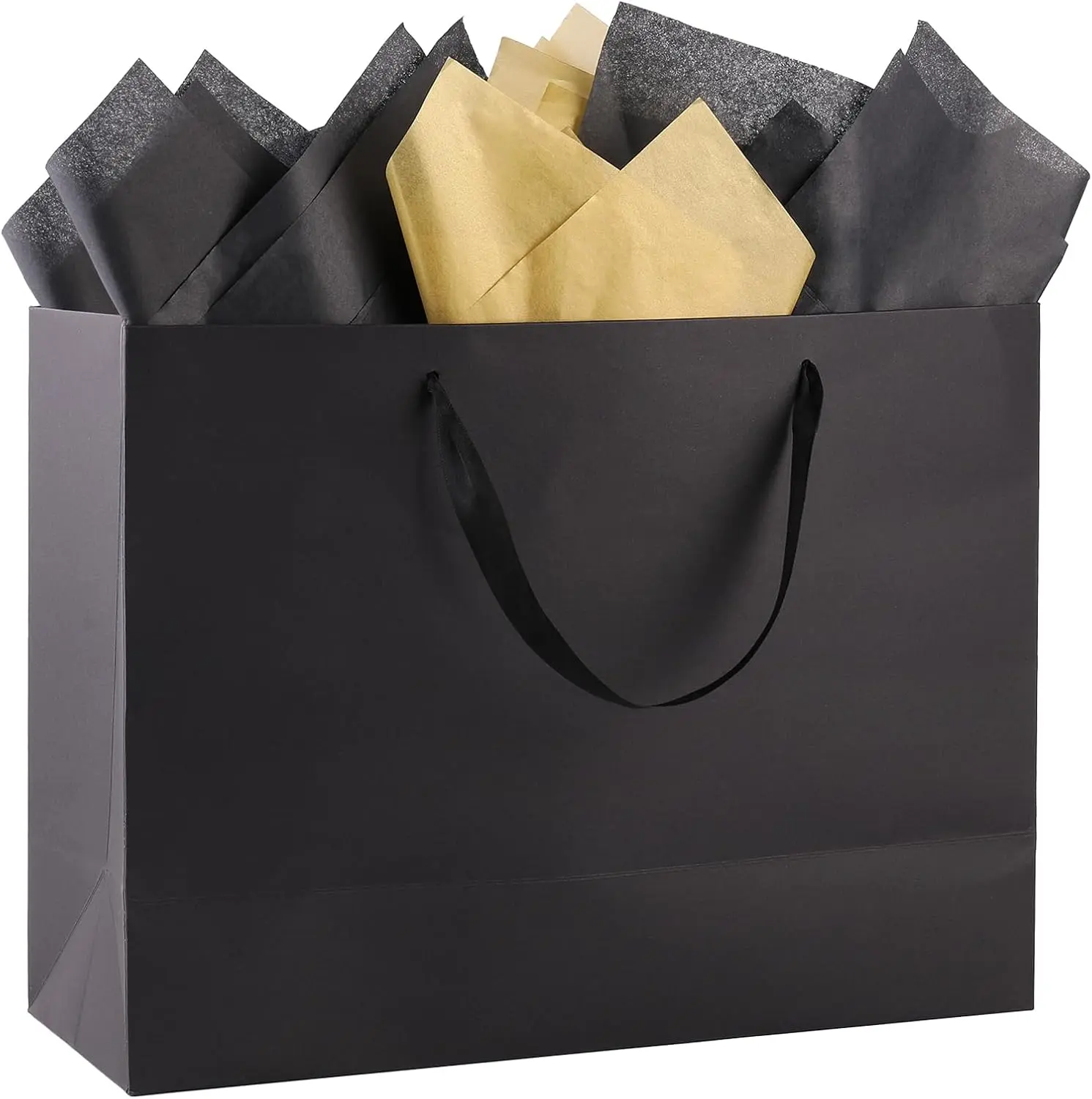 3-Pack Extra Large Solid Cardboard Black Gift Bags with Handles - 16x6x12in Gifting Supplies, Includes 9 Tissue Papers for Personalizable Men's Birthday, Wedding Occasions