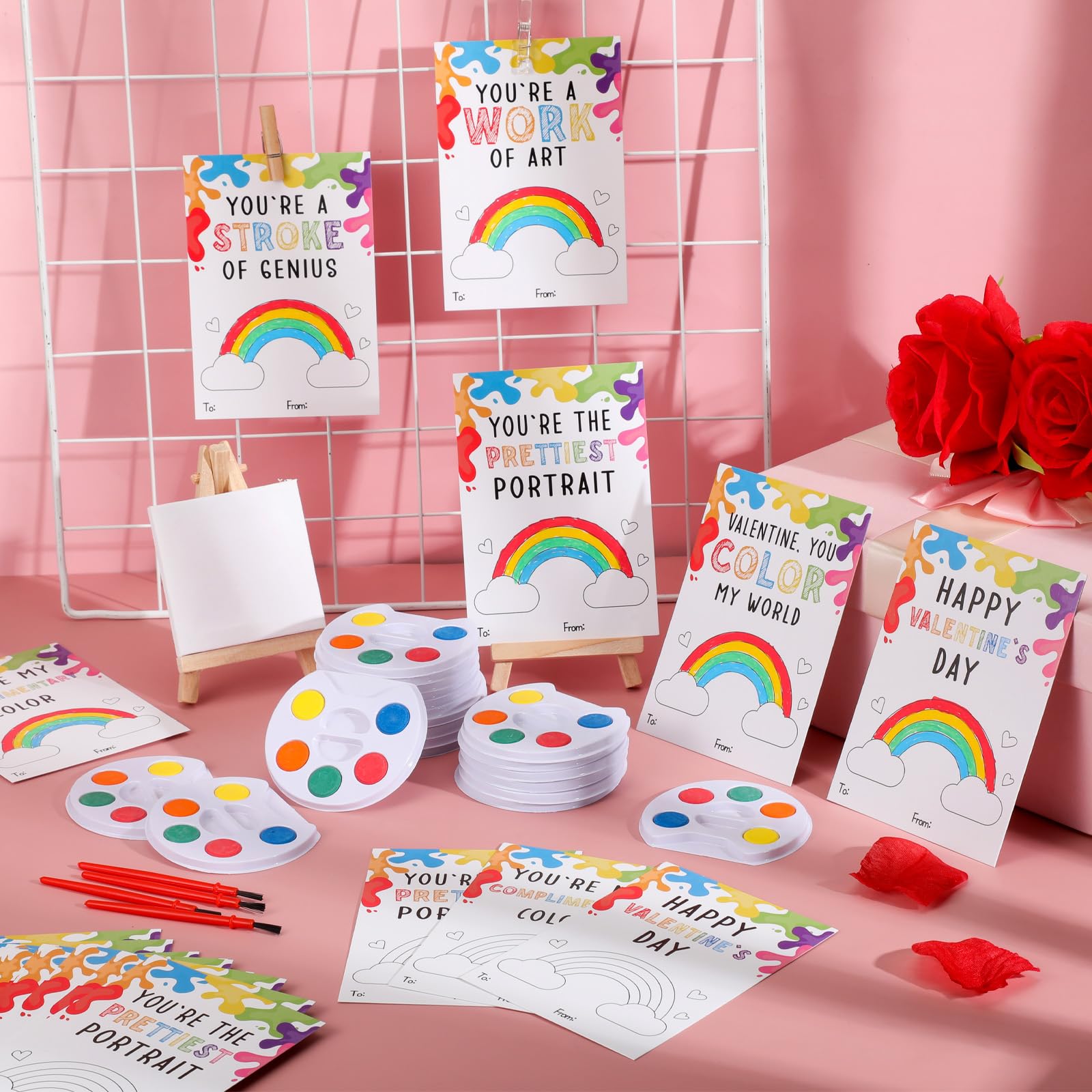18/36 Pcs Mini Watercolor Paint Sets Valentines Day Gifts Bulk for Kids Valentines Cards Include watercolor Paint and Canvas Panel with Wooden Easel Brush Kit for School Classroom teacher students Holiday Gifts