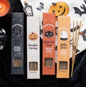 Vintage Halloween Scented Incense Sticks Pack Perfume - 15 Sticks Black Cat Curse Cinnamon Orange Pumpkin Carving Spiced Pumpkin Spells Divine Mystic Mandarin Bats Brew Midnight Mulberry