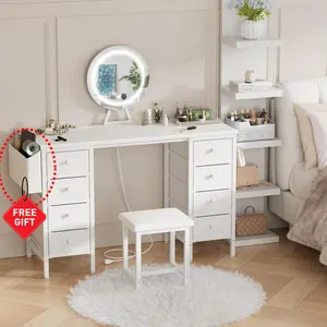 White Vanity Desk with Mirror and Light- Makeup Vanity Set Table with Chair, Storage, Lighted Mirror, 8 Large Fabric Drawers & Power Outlet, Dressing Table Vanities for Bedroom, Get Free Gift