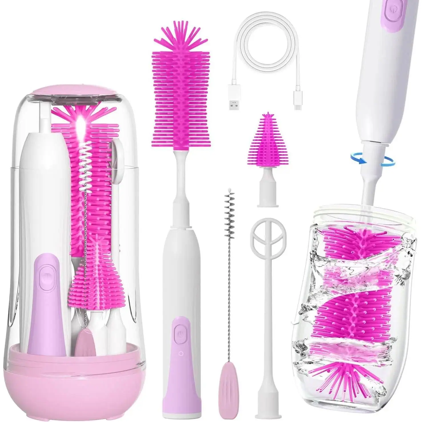 Electric Bottle Brush Cleaner, Baby Bottle Cleaning Kit with Nipple Straw Brushes Drying Rack Soap Dispenser Rechargable Waterproof Multi-Purpose E-Brush Set for Travel & Home