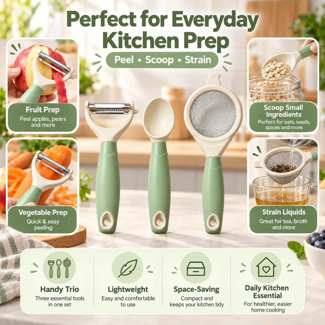 3-Piece Stainless Steel Kitchen Tools Set - Cactus & Vegetable Peeler, Multi-Use Scoop, Cutter, Easy-Grip Utensils for Fruits and Vegetables