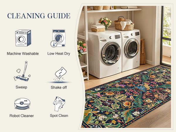 Geanup Washable Bird Rug Non Slip, Soft Boho Floral Kitchen Laundry Rug with Rubber Backing, Low Pile Runner Rug for Entryway Bedroom Living Room Bathroom