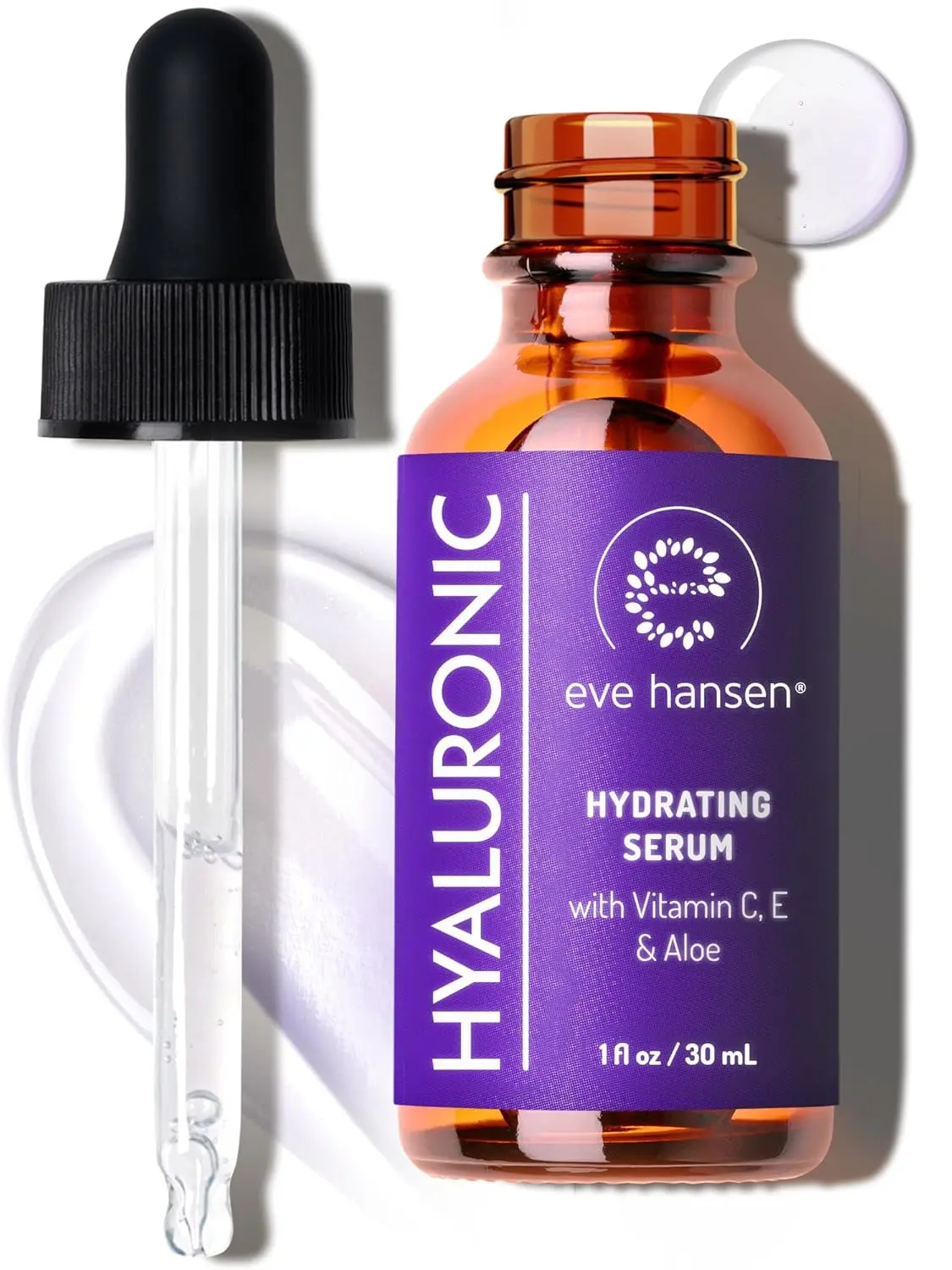Eve Hansen Hydrating Hyaluronic Acid Serum for Face with Vitamin C, Vitamin E, Green Tea | 72% Organic Firming Facial Moisturizer, Anti-Wrinkle, Skin Plumper