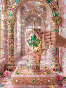 Alpha Kappa Alpha Tumbler with Handle – AKA Sorority Luxury Mug, Pink & Green Stainless Steel Cup, Perfect AKA Gift