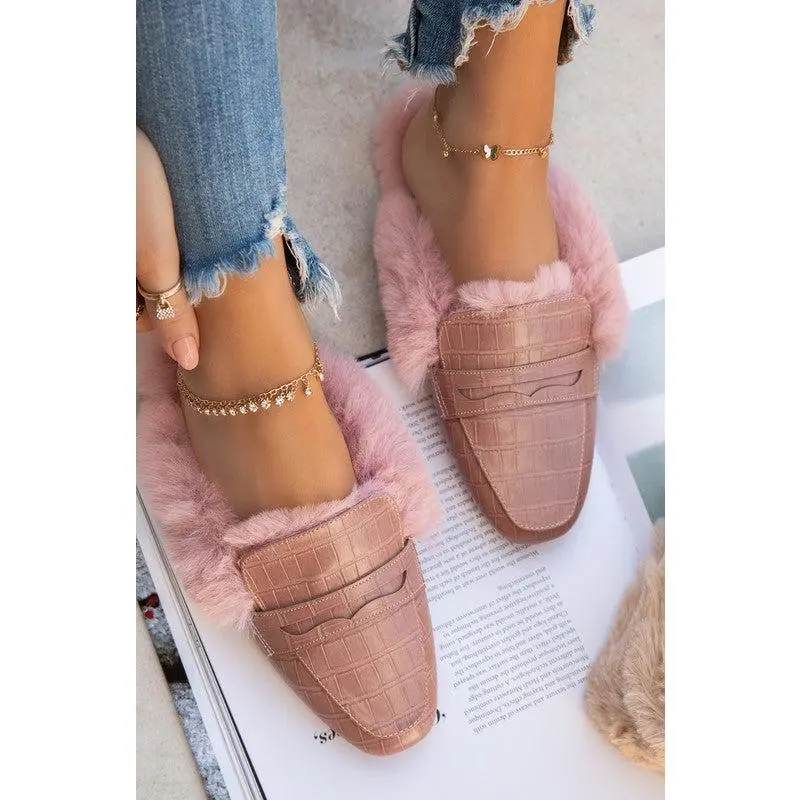 Fur Lined Animal Print Flat Mules - Blush