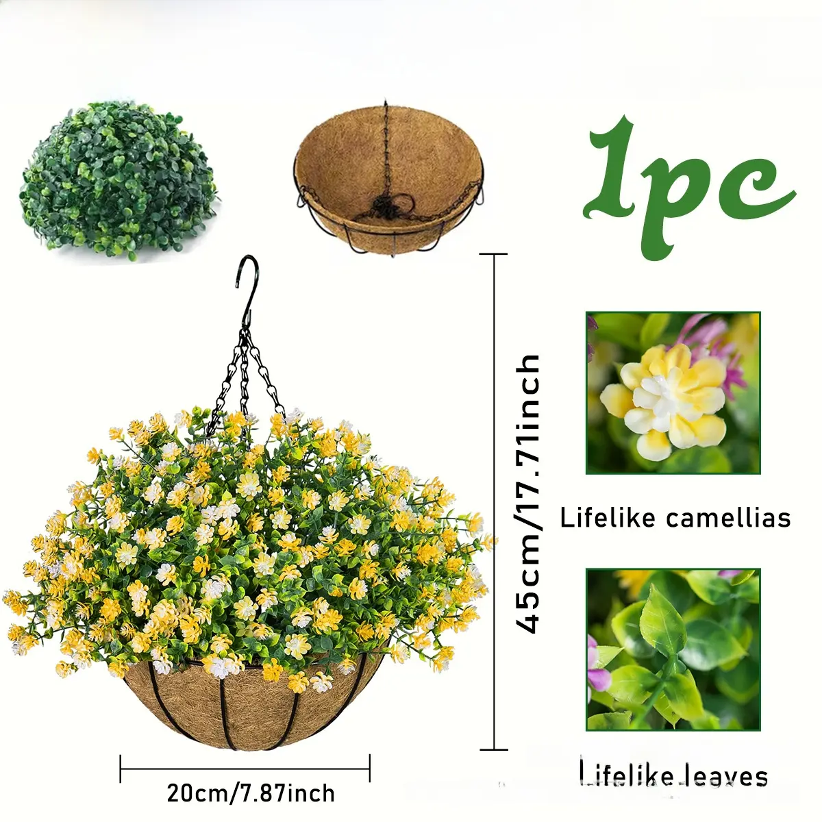 Artificial eucalyptus, camellia, and coconut palm flower baskets, hanging baskets, artificial flowers for home, garden, outdoor, and festive decorations Artificial eucalyptus, camellia, and coconut palm flower baskets, hanging baskets, artificial flowers for home, garden, outdoor, and festive decorations