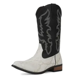 VIMISAOI Mid Calf Boots for Men Round Toe Pull On Classic Embroidered Chunky Heels Wide Calf Western Booties Cowboy Boot Summer Boots