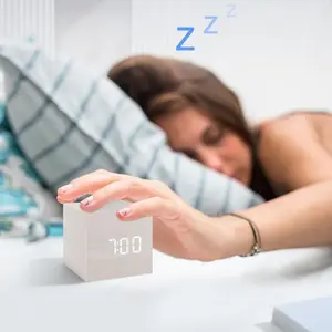 Wooden Digital Alarm Clock, 2.5 Inch Mini Cubic LED Display Desk Clock with 3 Alarms, Small Electric Wood Clock for Bedroom, Bedside, Office & Desk