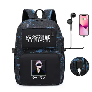 Camo Anime Print Men's Fashion Backpack, Built-in USB Charging Cable, Spacious Laptop Compartment, Lightweight Shoulder Bag for Middle-High School Otaku Students