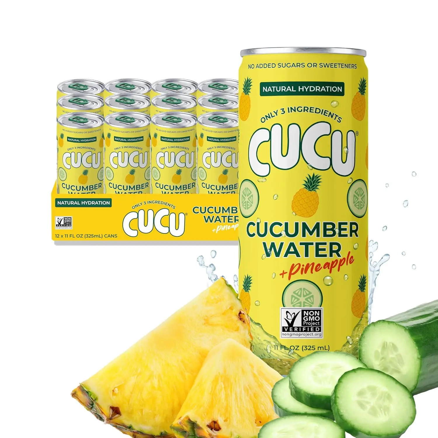 CUCU Pressed Cucumber Pineapple Water Drink with Vitamin C & Electrolytes, No Sugar Added, 11 fl oz Cans