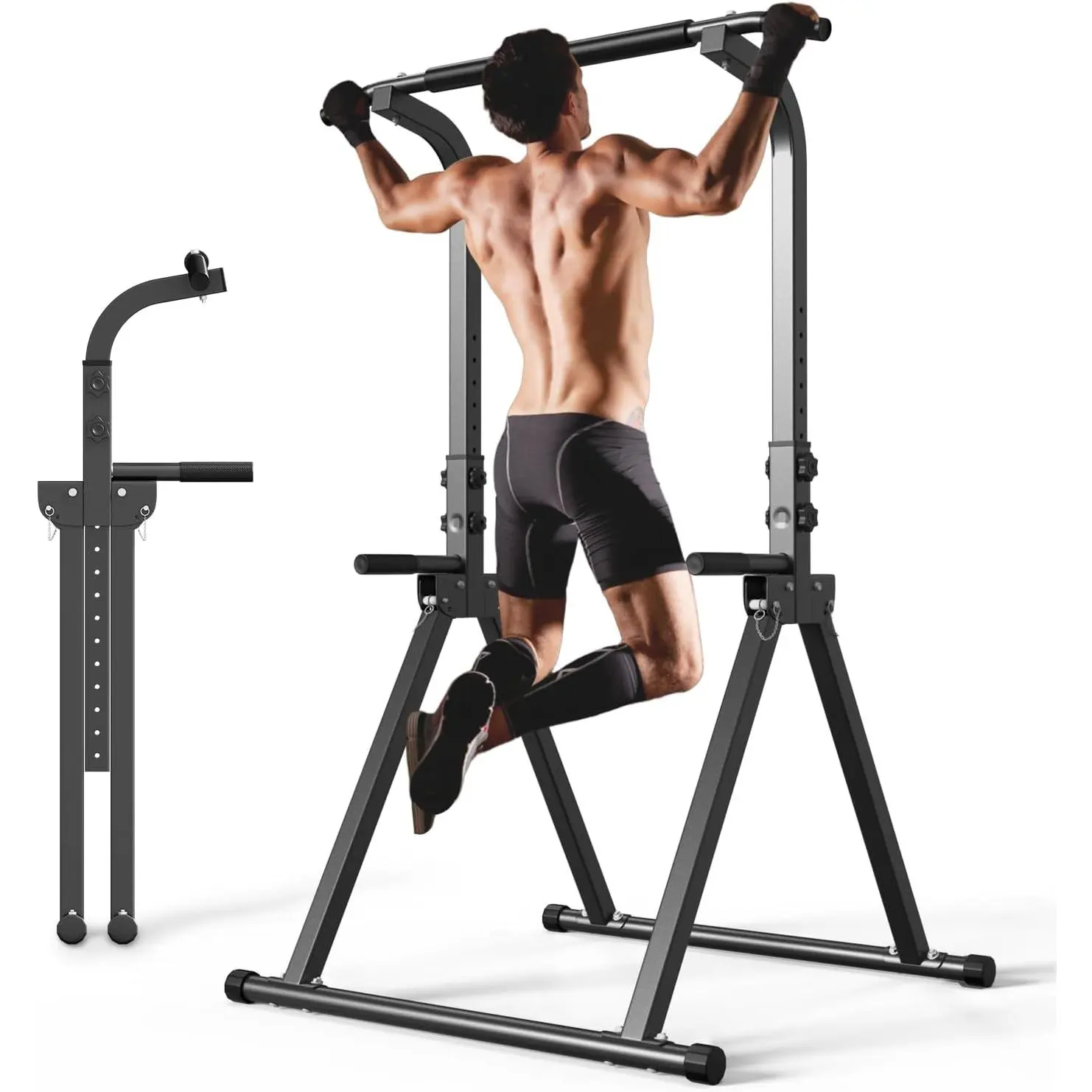Foldable Pull Up Bar Free Standing Multi-function Power Tower Dip Bar with Assistance Bands Home Gym Strength Training Equipment