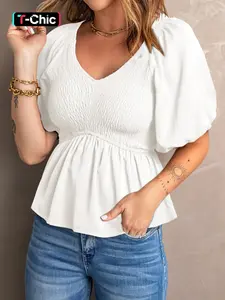 Summer Fashion Ditsy Floral Print Bubble Hem V Neck Short Sleeve Top, Loose Fit Long Clothing, Stylish Women's Casual Wear, Womenswear, Blouses, Shirts