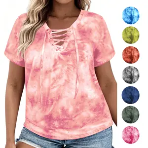 Plus Size Summer Tops for Women Chic Tie Dye TShirt Cute Lace Up V Neck T Shirts Casual Comfy Short Sleeve Tunic Tees XL–5XL VPS0187 printed classic summerwins