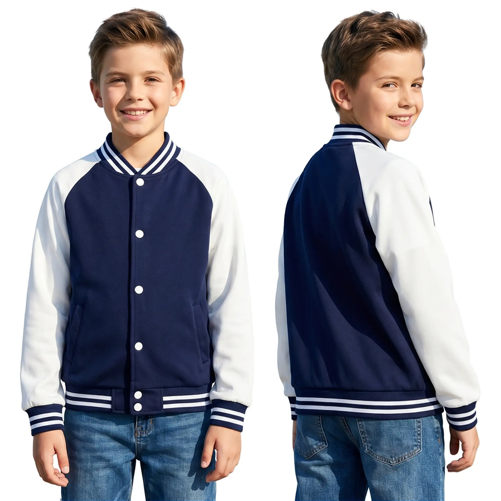 Kids Baseball Jacket, Striped Rib Collar Snap Button Loose Fit Outer Coat, Soft Breathable Machine Washable Long Sleeve Casual Jacket for Boys Girls, Two Color Options Daily School Layering Outerwear