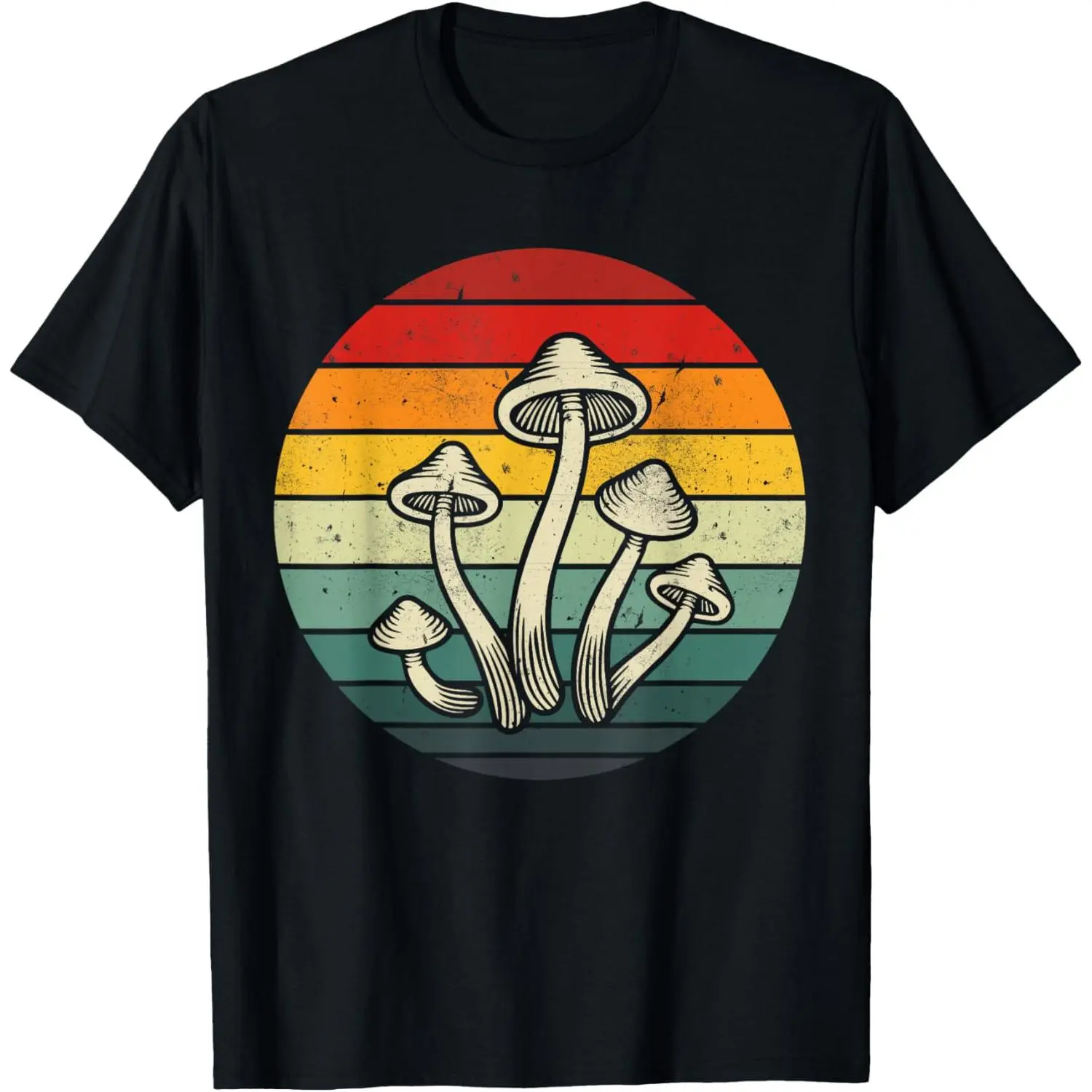 Women's Cotton T-Shirt with Vintage Retro Mushroom Print, Casual 80s Style Short Sleeve Top Made in USA, Basic, Shortsleeve, Round Neck, Simple, Soft, Comfortable, Everyday, Printed