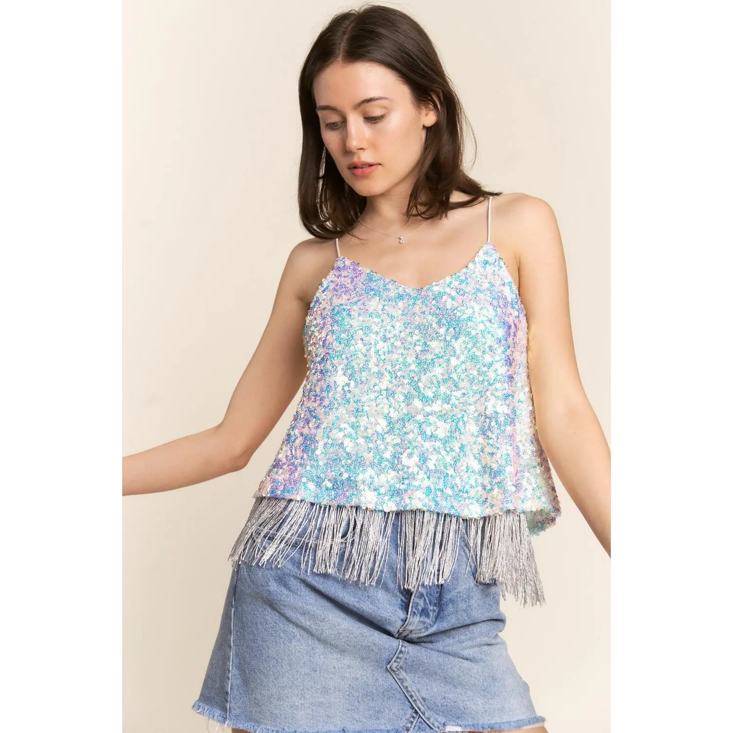 J.NNA Sequin Tassel Hem Flowy Cami Fringe Tops Dressy Tops For Women Sequin Shirt Birthday Shirt For Women Vibe Piece Womenswear Fashion Top Comfort Blazer