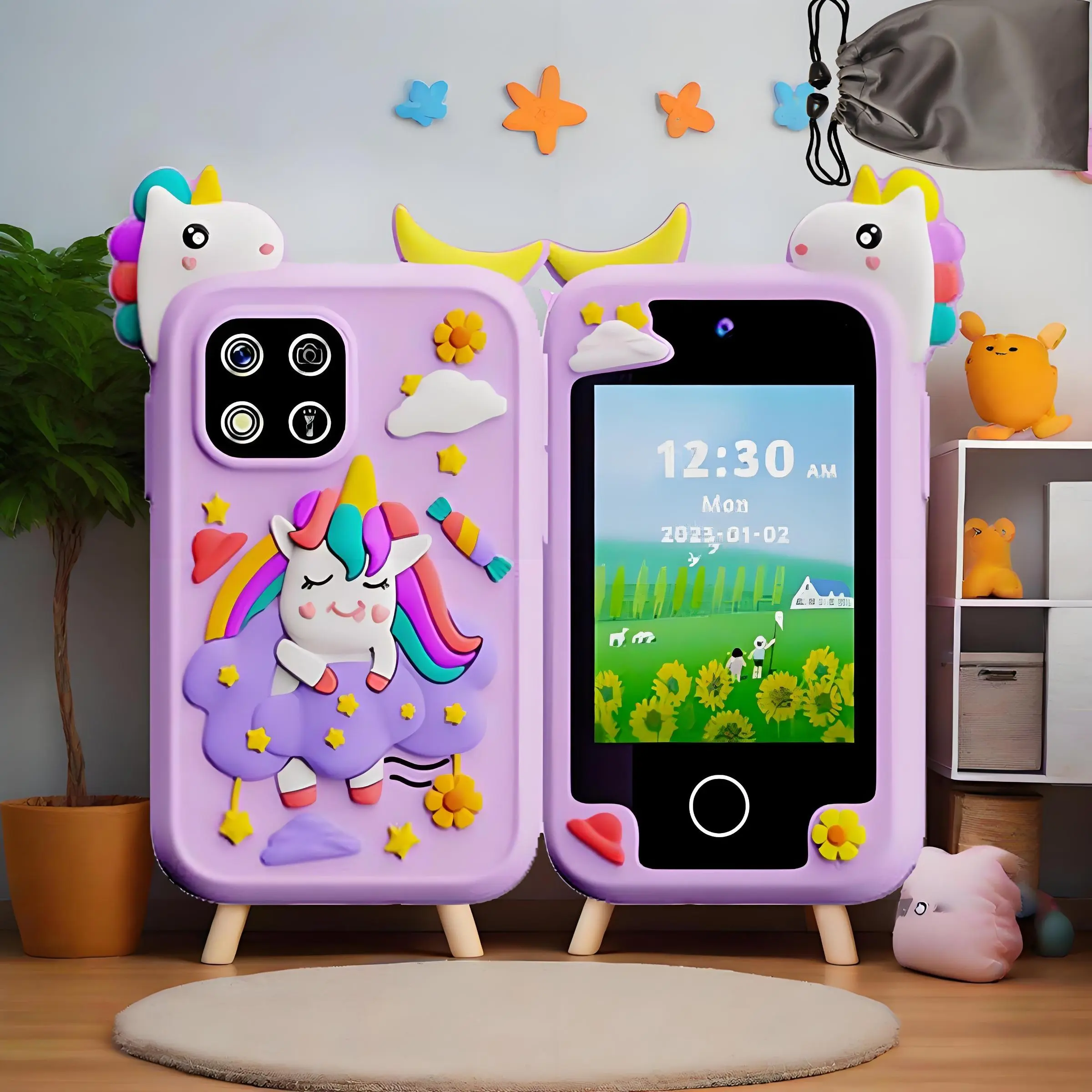 KGG Cute Cartoon Animals Unicorn Pattern Smart Phone, Puzzle Toy Music Toy Unicorn Dinosaur Phone, Digital Selfie Camera Phone MP3 Player Learning Toy Phone Star