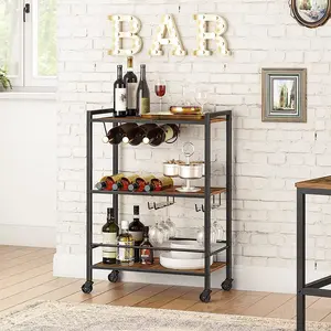 HYGRAD BUILT TO SURVIVE Rolling Industrial Bar Cart with 3 Shelves – Wooden Beverage Trolley with Lockable Wheels for Home Kitchen & Dining Area with Storage Shelves