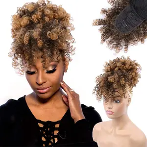 Drawstring Ponytail with Bangs Afro Puff Ponytail Extensions for Women Short Curly Puff Ponytail with Bangs Clip in Wrap Updo Hairpiece for Women(T30)
