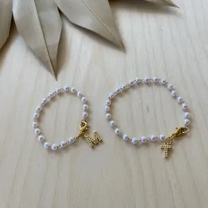 Mama + mini Pearl bracelet set with initials - 18k gold plated - mother daughter matching jewelry