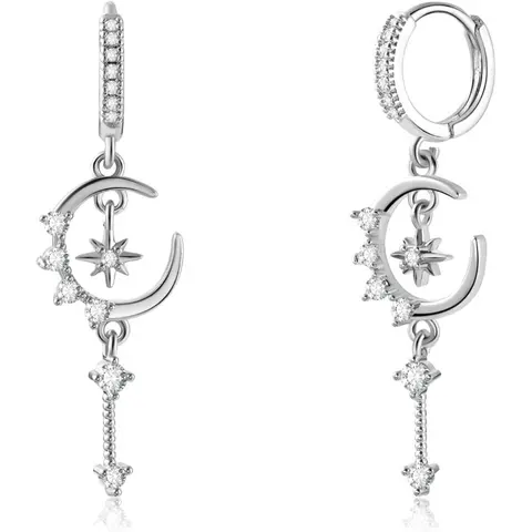 Elegant Women's 4cm Length Gold-Plated Celestial Star Huggie Hoop Earrings - Versatile Space Astronomy Themed, Dangling Moons, Embedded Cubic Zirconia Bling Unique Jewelry, Adult Female Anniversary Gift for Coffee Runs, Evening Events