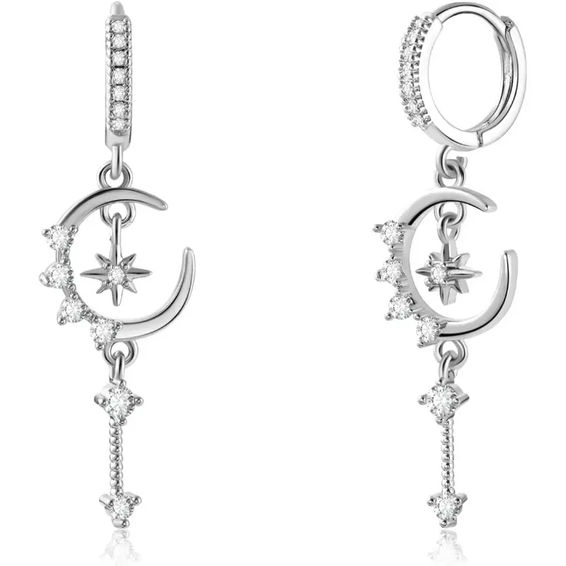 Elegant Women's Gold-Plated Stars & Moons Dangle Huggie Earrings - Cubic Zirconia Astronomy-Inspired Statement Hoops, Versatile Costume Jewelry Accessories for Women, Ideal Gift Unique