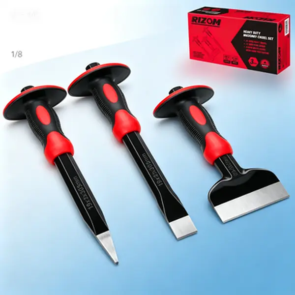 Heavy Duty Masonry Chisel Set with Hand Protection, 3-Piece Stone and Rock Working Tools, 11-Inch Point and Flat Chisel, 8-Inch Brick Chisel, Durable Forged Steel Construction, Professional Rock Splitting and Demolition Kit