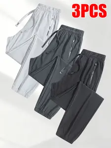 Women's 3 Pack Comfort Fit Jogger Pants, Elastic Waist Drawstring Pants with Zipper Pockets for Sports & Casual Activities