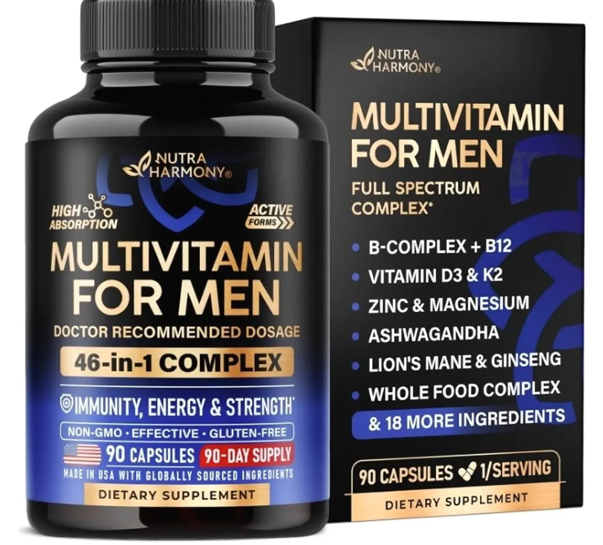 Multivitamin for Men - B-Complex & B12 | Whole Foods & Enzymes - 90 Caps | Mens Multivitamin 46in1 - Energy, Focus & Brain | Men's Health Complex - Bioavailable & Gentle on Stomach - Lab Tested, 1/Day