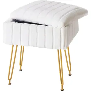 Vanity Stool Chair with Storage, White Faux  Makeup Chair with 4 Metal  and Anti-Slip , Soft Padded Seat, Small Footrest Footstool Ottoman, Multifunctional Stool for Bedroom