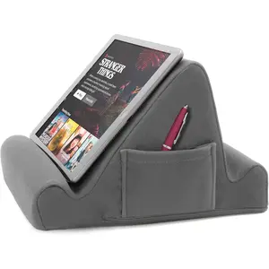 , Memory  Lap Desk Tablet Holder, Holds Phones, iPads, E-Book Readers, 2 Viewing Angles, 2 Side Pockets for Accessories, Book Holder Cushion,  ,  Travel, Flights, Gray