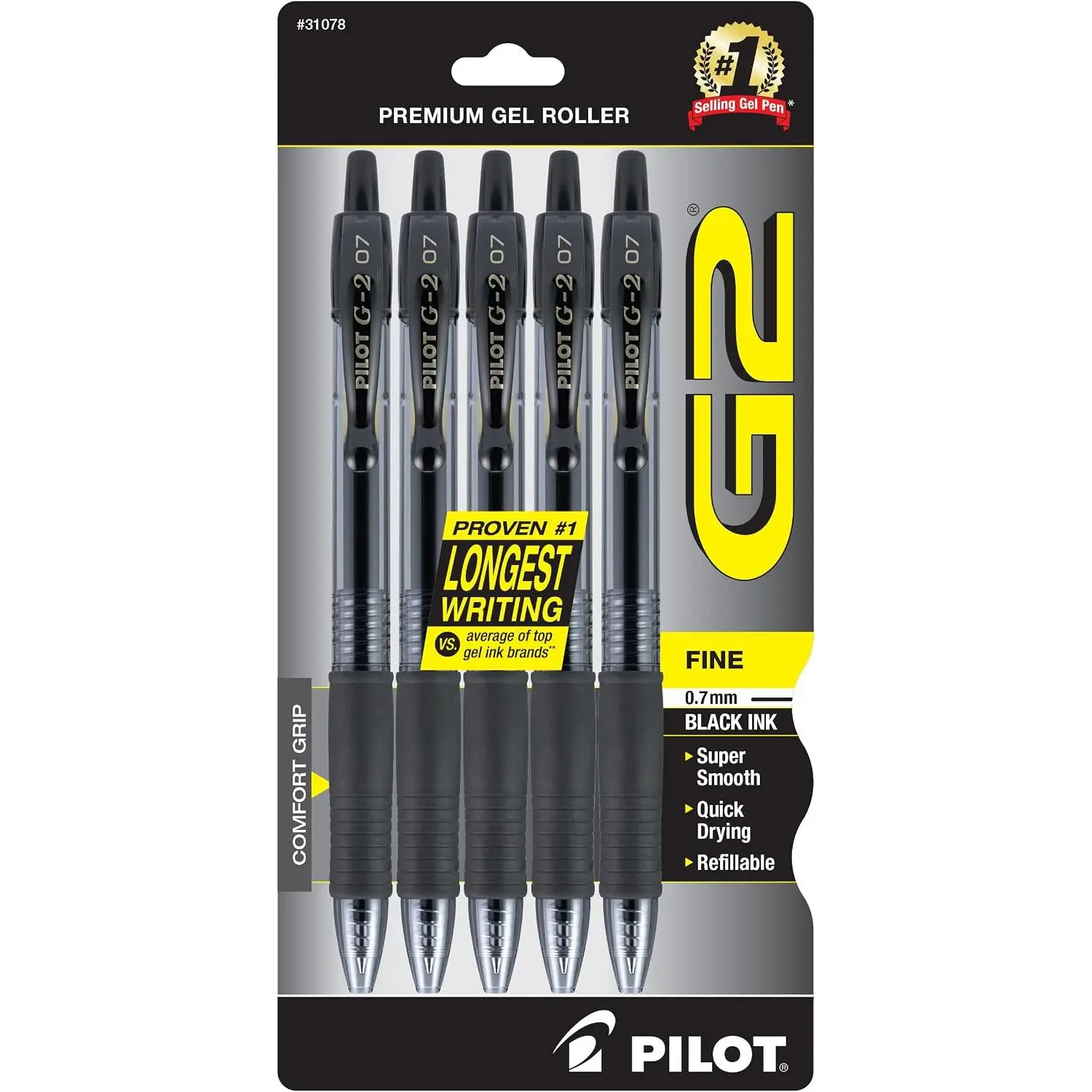 Pilot G2 Pens, Premium Refillable and Retractable Rolling Ball Gel Pens, Fine Point, 0.7mm, Black Ink, 5-Pack