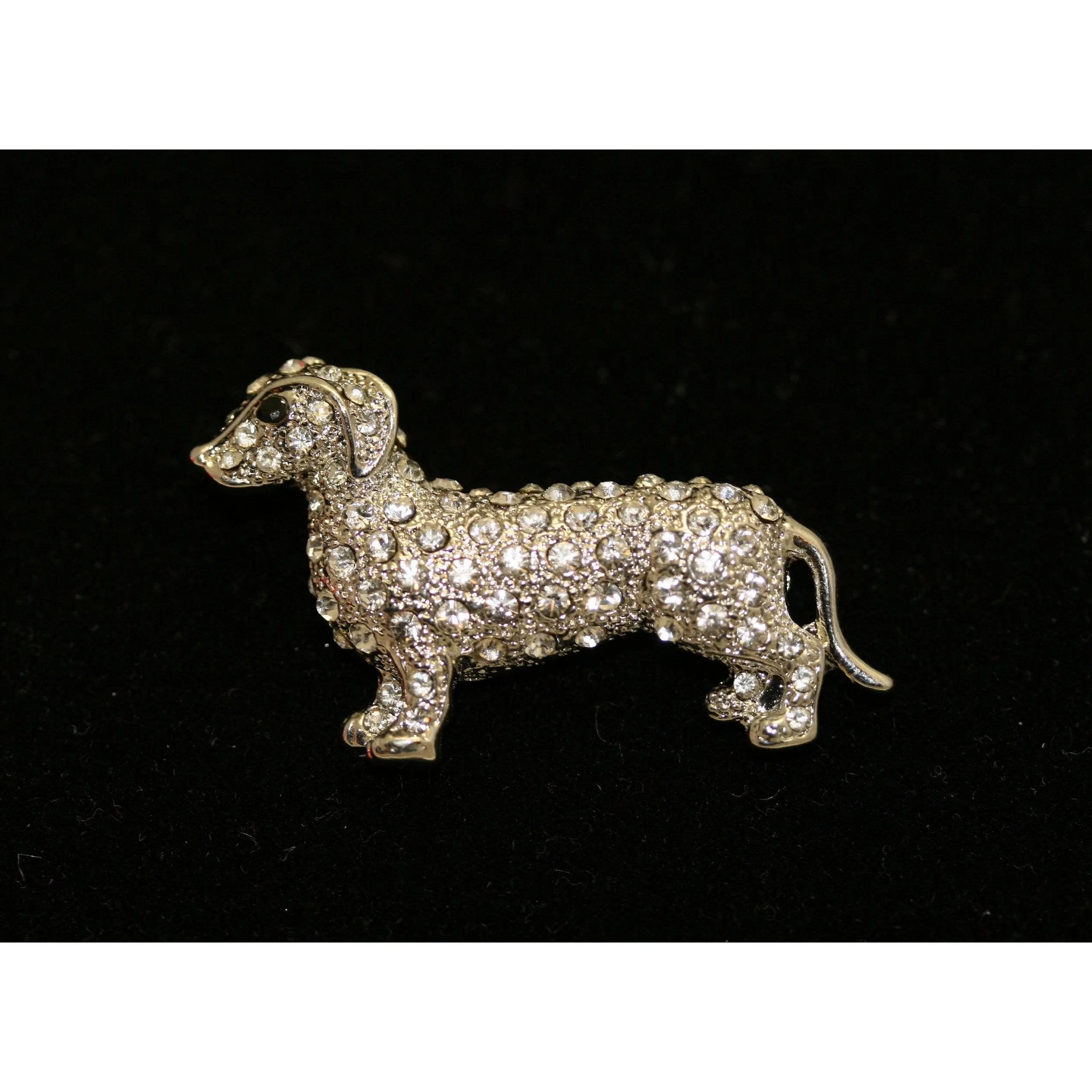 Silver-Tone Rhinestone Dachshund Brooch Pin - Animal Shape Fashion Clothes Accessory, 1.6x1 in, Excellent New Condition