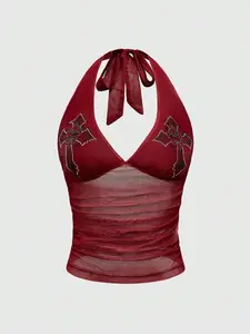 Goth Cross Rhinestone Mesh Side Ruched Halter Top, For Carnival