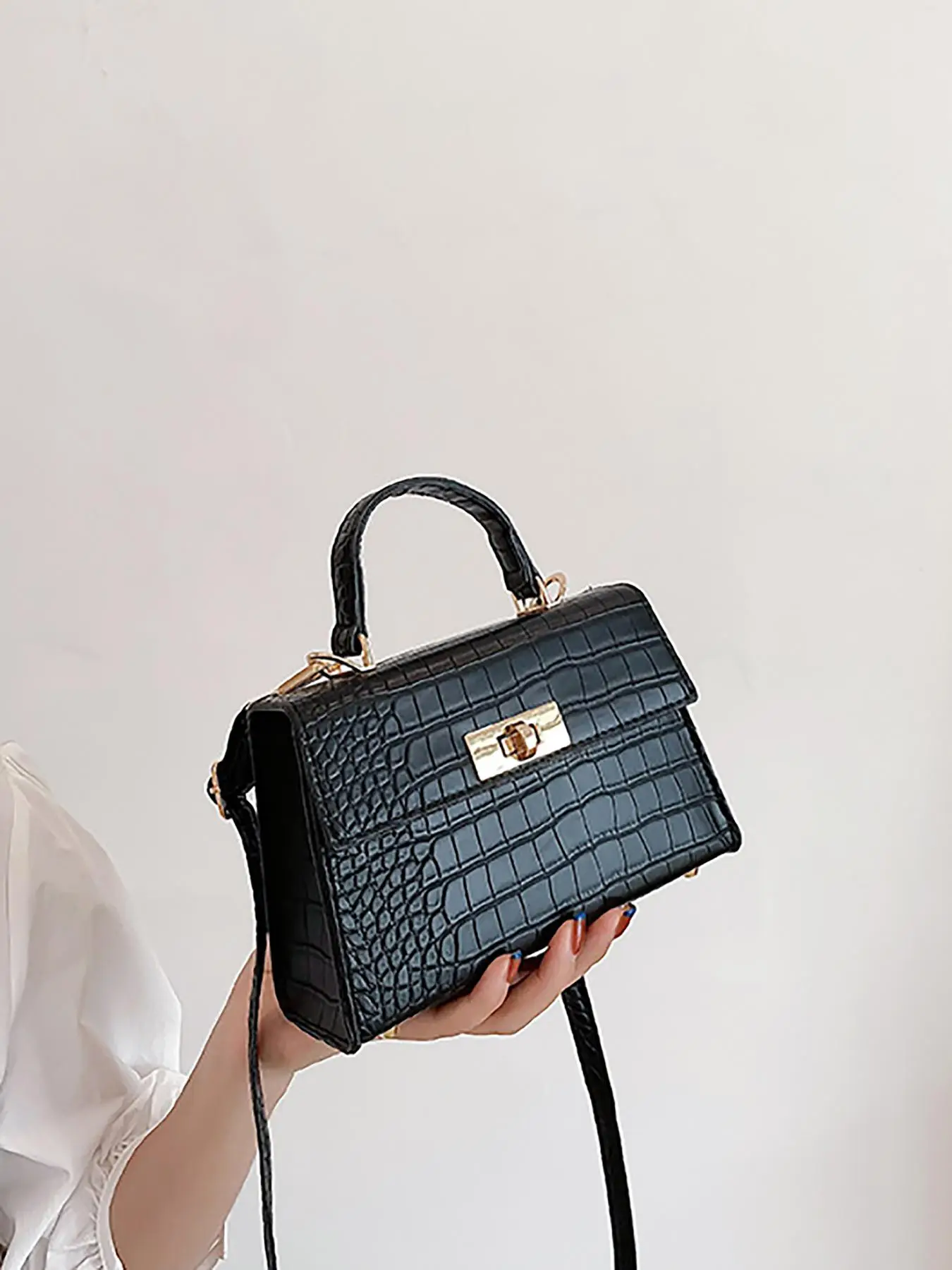Women's Mini Crocodile Embossed Button Buckle Flap Handbag, Simple Plain PU Leather Small Square Bag, Casual Texture Crossbody Bag