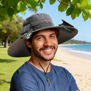 Solar Powered Black Fan Hat for Men and Women - Outdoor Fishing Hat with Fan, Wide Brim Sun Hat for Camping and Working U bucket protection hat-solar