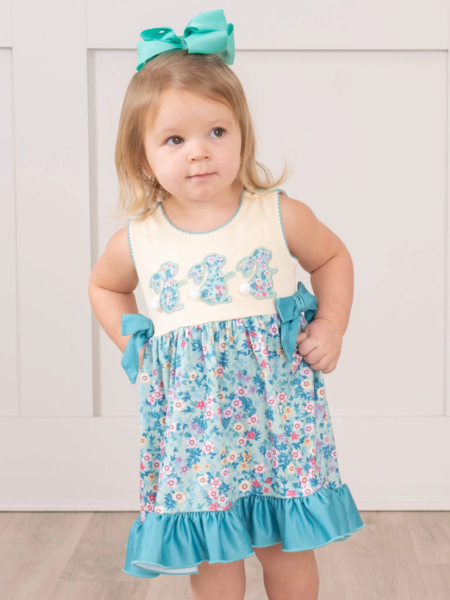 Turquoise Embroidered Floral Bunny Ruffle Dress
