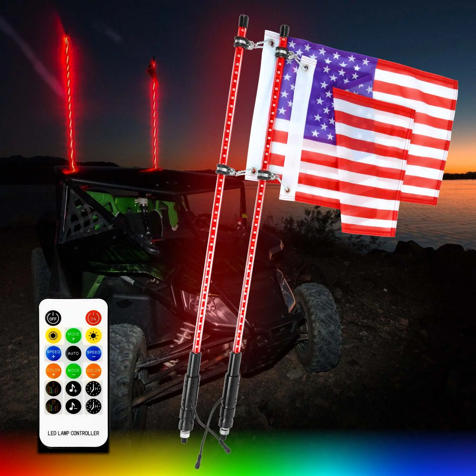 2PCS 3FT 4FT 12V LED Whip Light Universal RGB LED Flagpole Lamp Colorful Antenna Driving Decorative Light For Car SUV ATV UTV RZR Car Atmosphere Lamp