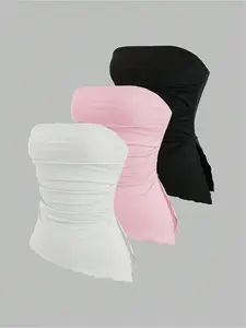 Women's Solid / Leopard Print Tube Top, Casual Fashion Basic Fitted Sleeveless Strapless Top for Daily Wear, Ladies Clothes for All Seasons, Bandeau Tops