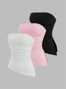 women's solid / leopard print ruched lettuce trim tube top, casual asymmetrical hem strapless top for summer, ladies clothes for daily wear, cute tops, going out tops, clothes for women