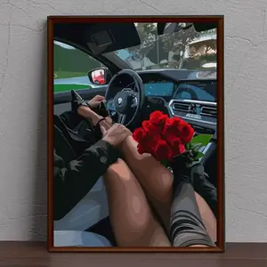 Black Couple Art Print, Abstract Love Poster, Car Roses Print, Home Decor