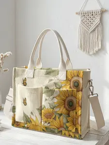 Sunflower Print Travel Bag, Fashionable Shopping Bag, Large Capacity Storage Bag, Durable Multi-Pocket Design, Ideal for Work, Shopping, Picnic, All Seasons