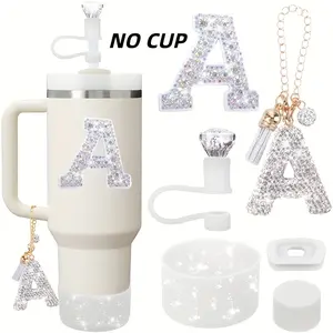 6PCS Cup Accessores Set, Suitable For 30oz 40oz Glass Cups With Handles, White AccessoriIncluding Diamond Straw Cap, Boots, Spill Proof Stopper, Handle Pendant, Pearl LetterSticker(no Cup)