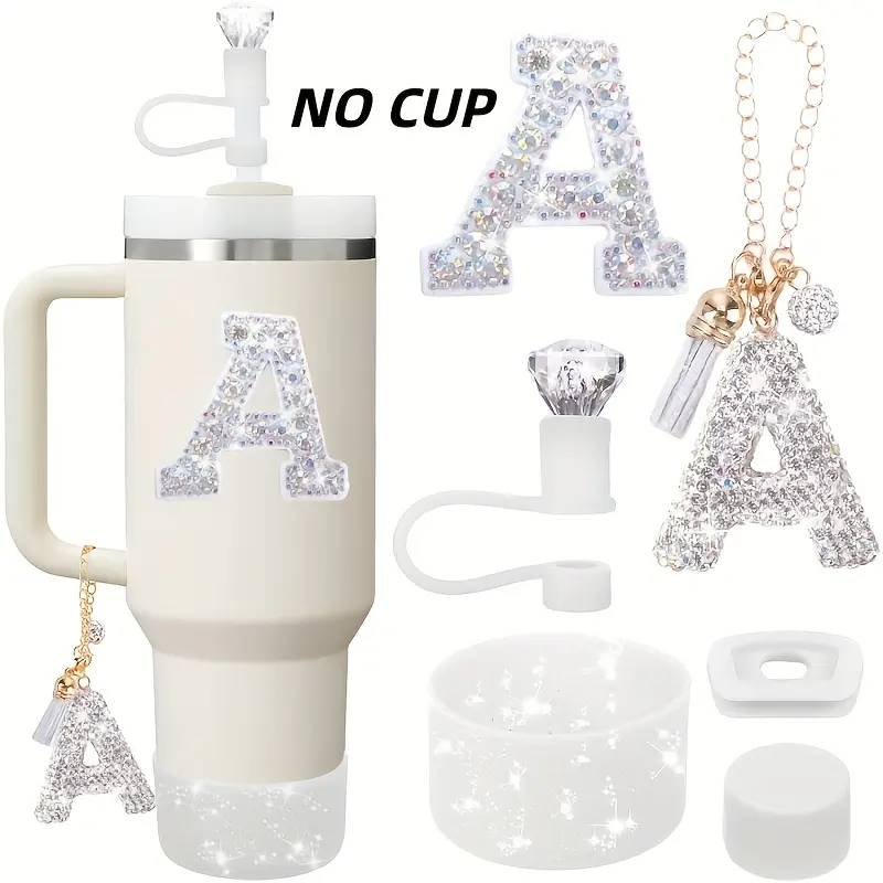 6PCS Cup Accessores Set, Suitable For 30oz 40oz Glass Cups With Handles, White AccessoriIncluding Diamond Straw Cap, Boots, Spill Proof Stopper, Handle Pendant, Pearl LetterSticker(no Cup)
