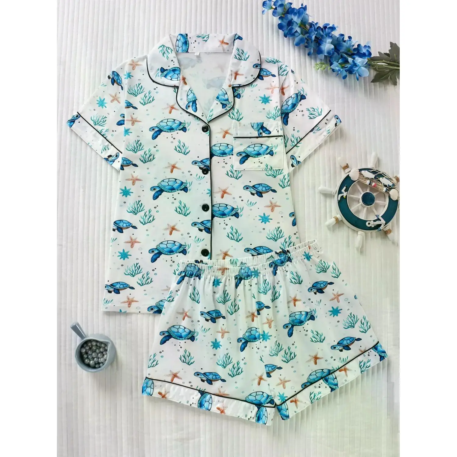 Women's Ocean Elements Turtle Print Pajama Set, Casual Fitted Short Sleeve Top & Loose Shorts, All-Season Comfortable Sleepwear Set