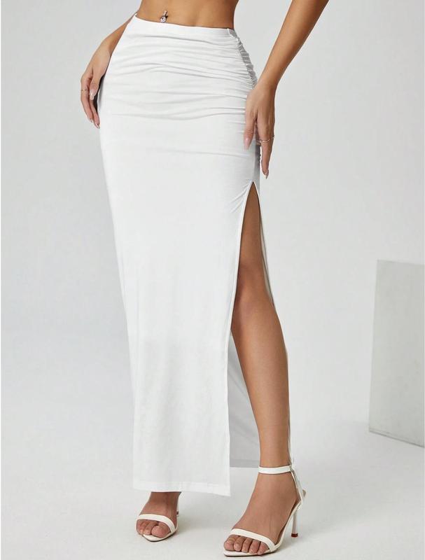 Elegant Ruched Waist Long Skirt for Women - Casual Knitted Fabric with Side Slit for Everyday Comfortable Style - All White Party Wear Womenswear Bottom