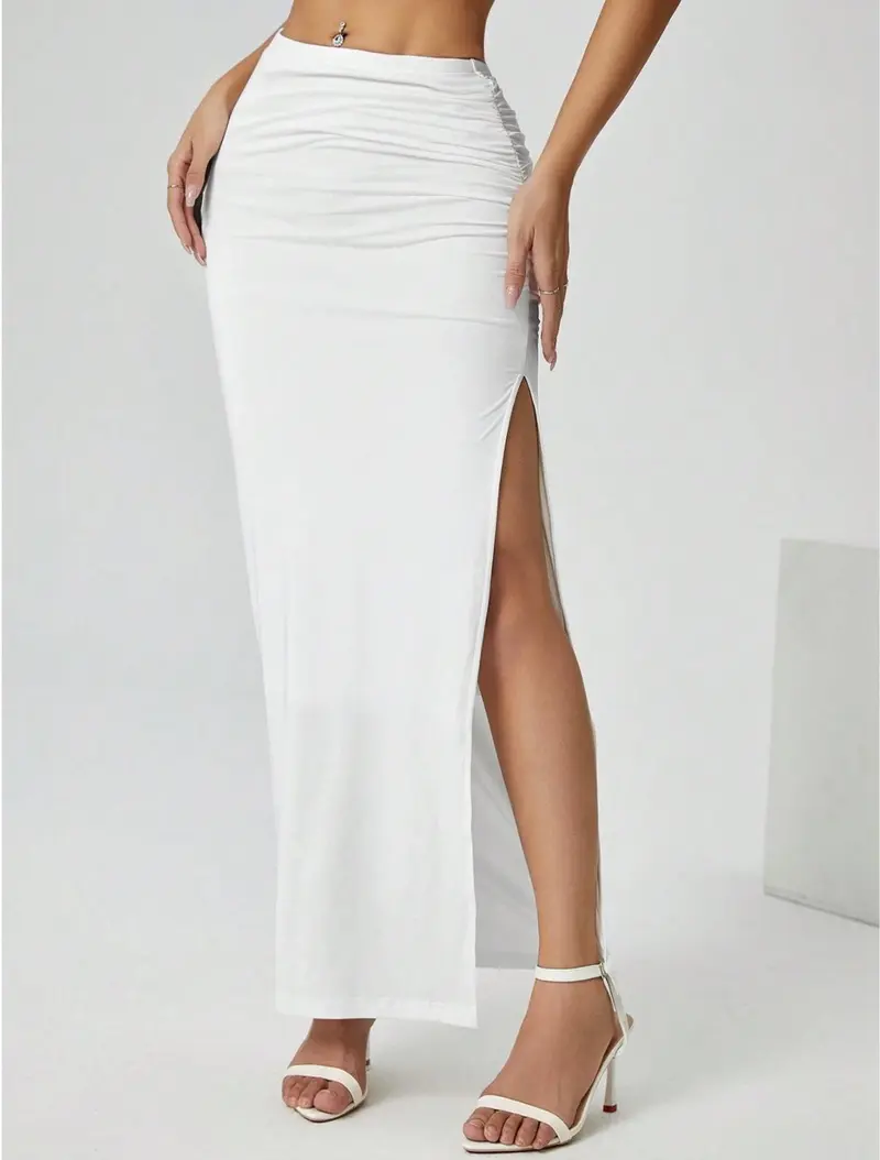 Elegant Ruched Waist Long Skirt for Women - Casual Knitted Fabric with Side Slit for Everyday Comfortable Style - All White Party Wear Womenswear Bottom
